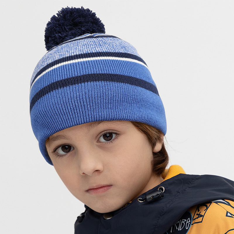 Aozhe, children's autumn and winter wool hats, boys and girls striped hairball warm knitted hats, European and American Christmas gifts