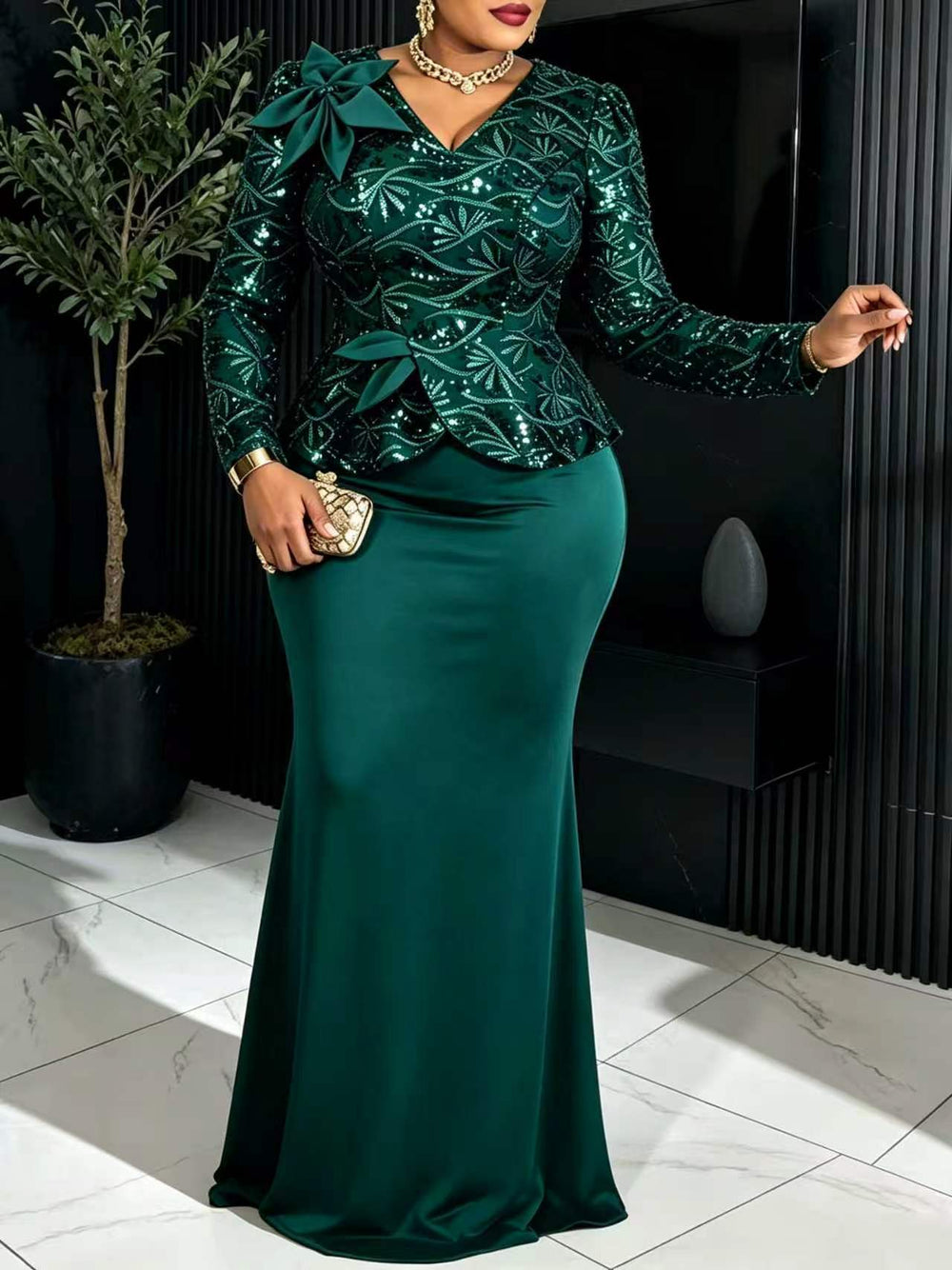 New plus size sequin party dress - 3d floral slim fit patchwork long sleeve banquet cocktail elegant evening gown