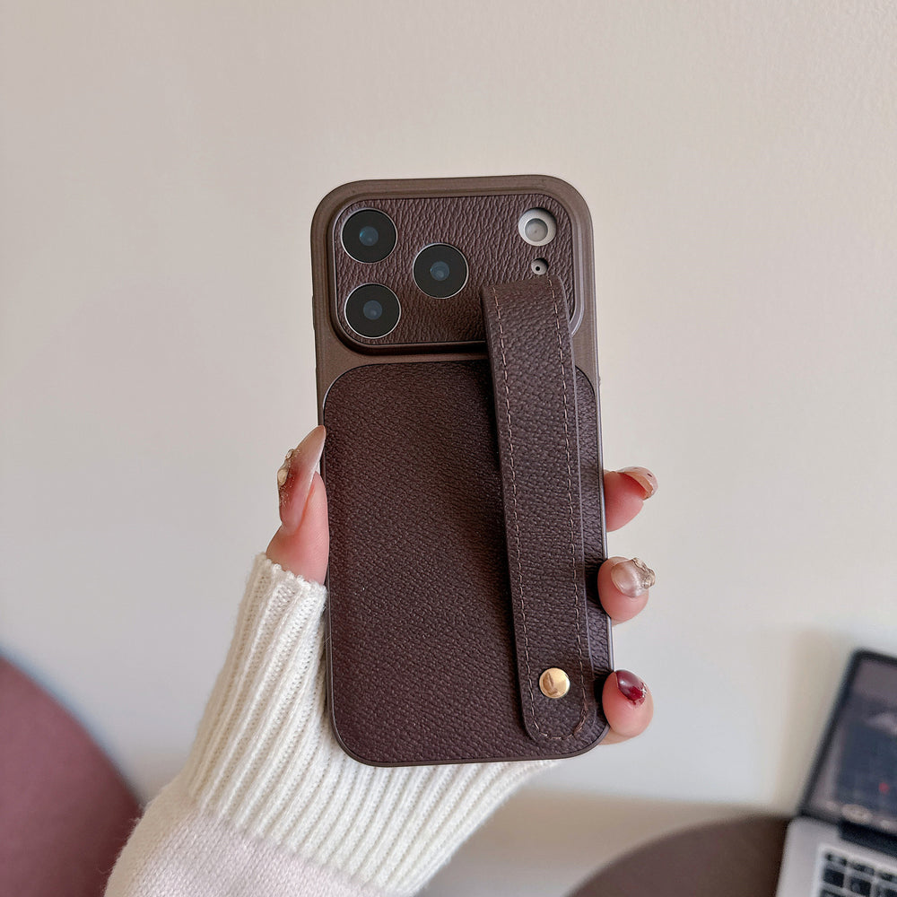 Suitable for apple 16promax to turn into 17 small v pattern plain leather wristband mobile phone case iphone17pro anti-fall case 14