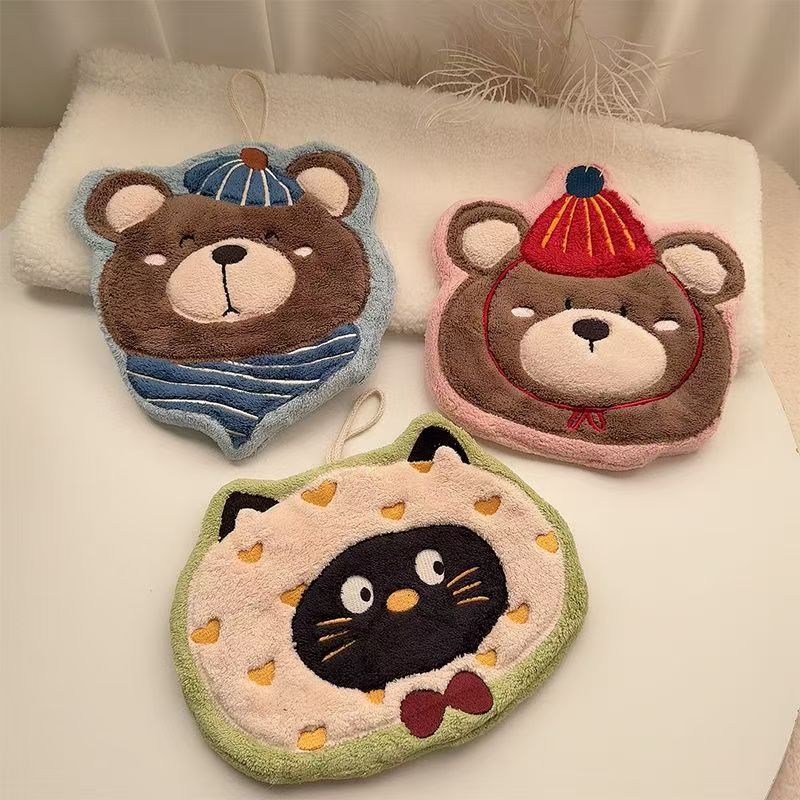 New arrival hanging thickened super absorbent cute cartoon hand towel coral velvet small square towel kitchen and bathroom dual use
