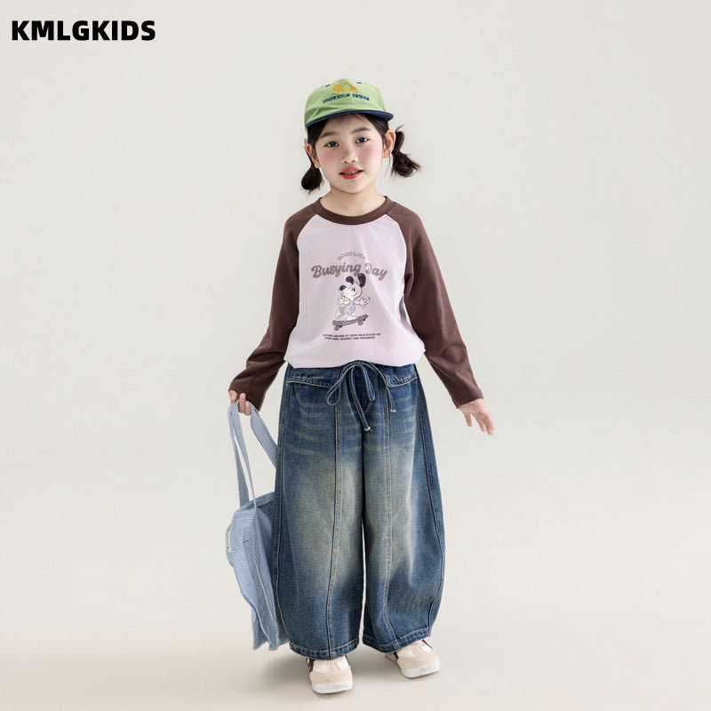 Girls' autumn clothing  new loose color block little girl's clothes long sleeve t-shirt kids cartoon print top