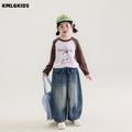 Girls' autumn clothing  new loose color block little girl's clothes long sleeve t-shirt kids cartoon print top