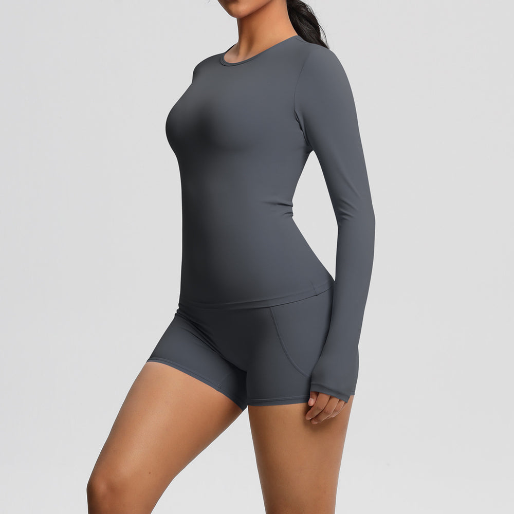 New arrival: european and american style solid color double-sided brushed nylon long-sleeve yoga set - activewear two-piece for running and fitness