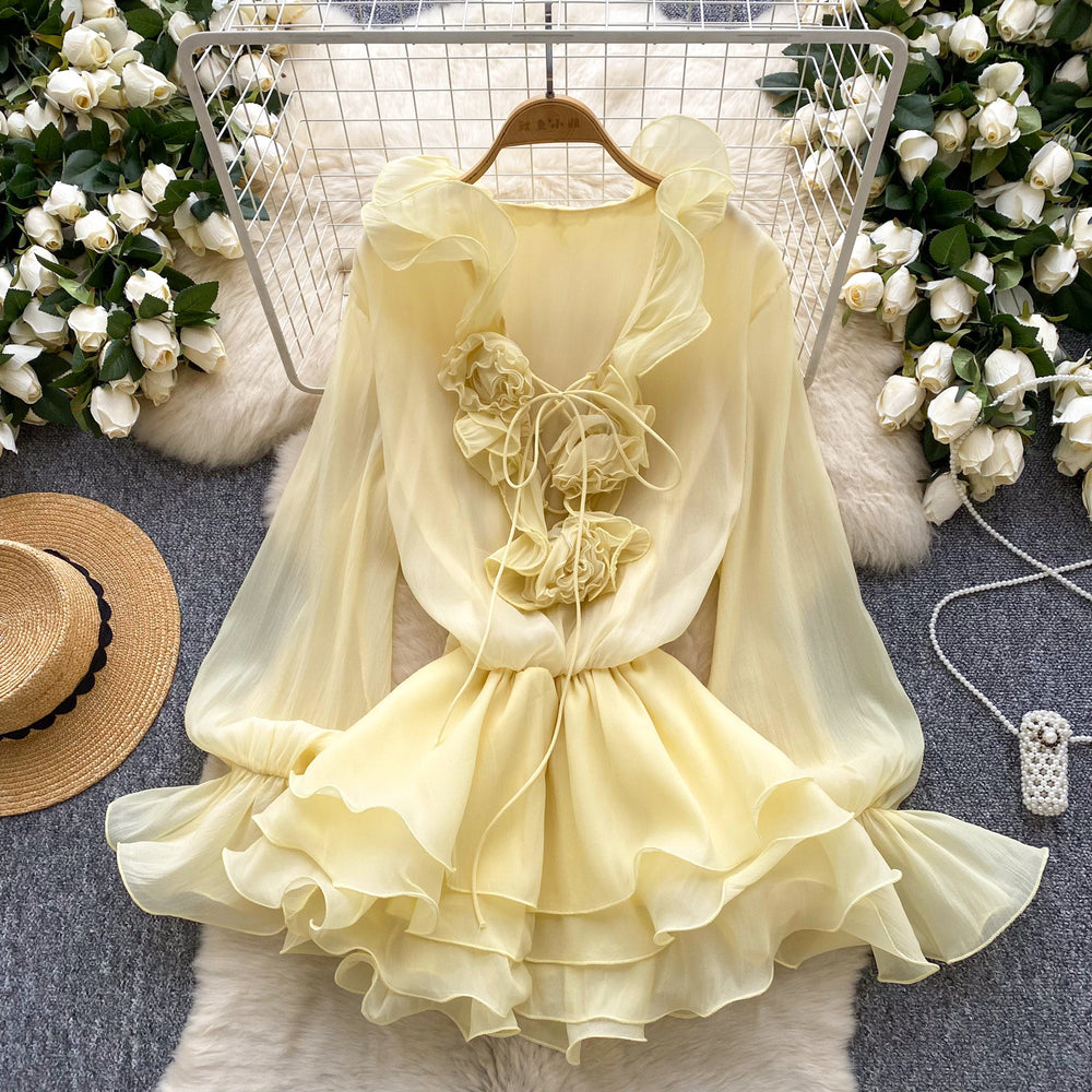 Fairy dress 2025 new arrival: atmospheric v-neck, 3d floral appliqué, tie-waist, ruffle hem chiffon dress for women