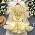 Fairy dress 2025 new arrival: atmospheric v-neck, 3d floral appliqué, tie-waist, ruffle hem chiffon dress for women