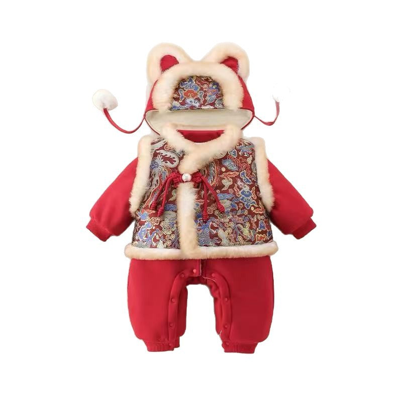 Winter girls' new year's outfit: new chinese style children's red fleece-lined thickened traditional tang suit set for the lunar new year