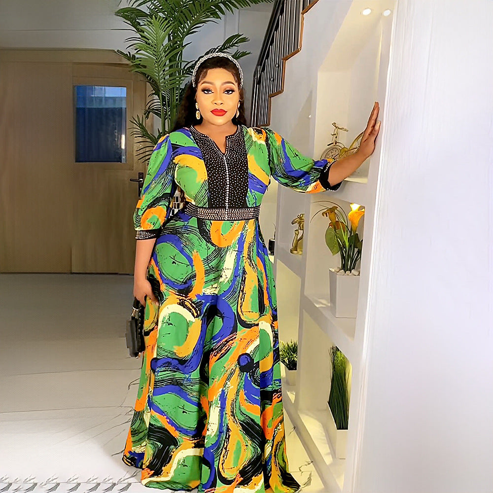 e-commerce   new print dress african plus size women's hotfix rhinestone beaded maxi dress