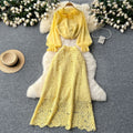 Elegant two-piece set: women's high-end 3d floral french long-sleeve blouse + high-waisted midi lace skirt