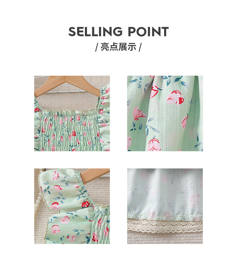 girl skirt suitfrench flying sleeve small floral green cake skirt summerkids skirt two-piece set