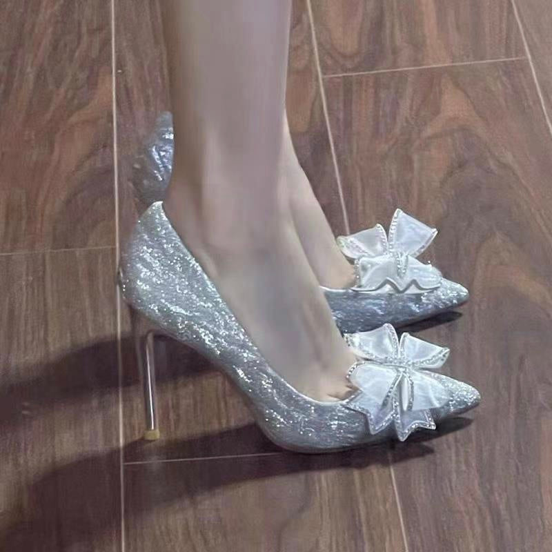 French high heels women's 2025 spring/autumn new rhinestone bow crystal wedding shoes elegant socialite stiletto heels