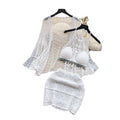 Beach outfit vacation style set for women - vintage crochet halter top + openwork cardigan + midi skirt three-piece set