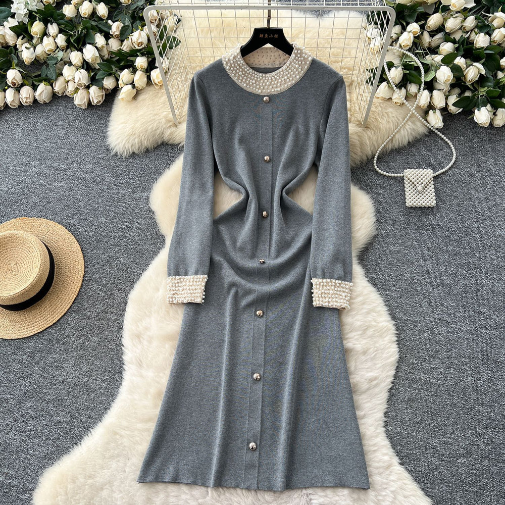 Elegant and high-end beaded round neck long sleeve knitted midi dress - women's autumn slim-fit inner layer sweater dress