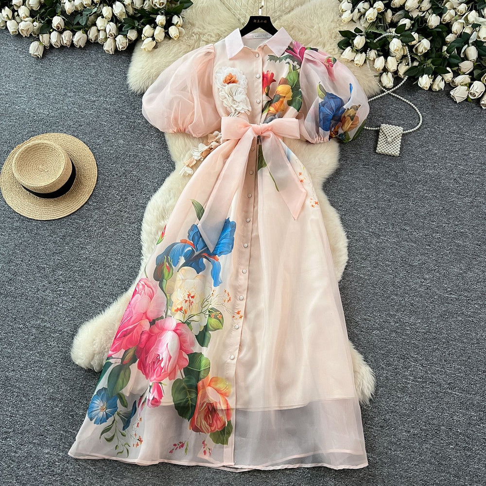 Frenchelegancedress women's summer palace style strap waist stereo flower lantern sleeve printing mesh long skirt