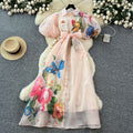 Frenchelegancedress women's summer palace style strap waist stereo flower lantern sleeve printing mesh long skirt