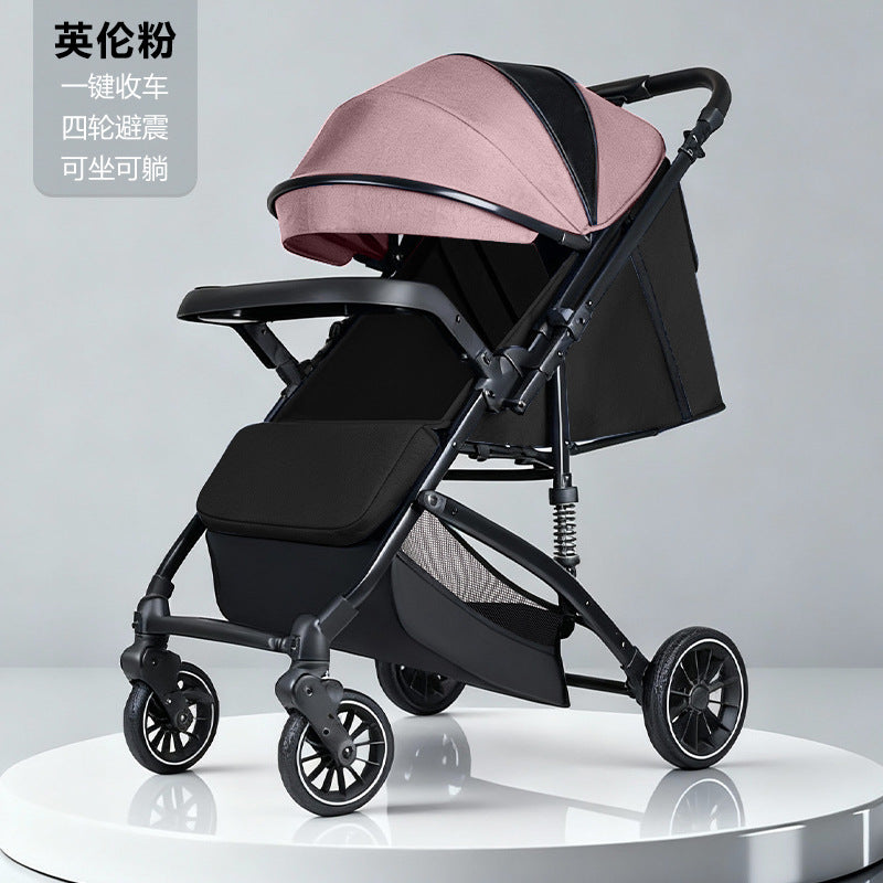 Stylish, lightweight, foldable, high-view four-wheel shock-absorbing baby stroller with one-click fold