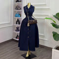 European and american cross-border women's fashion:  summer new arrival - elegant lapel, button-down, tie-waist, long denim dress