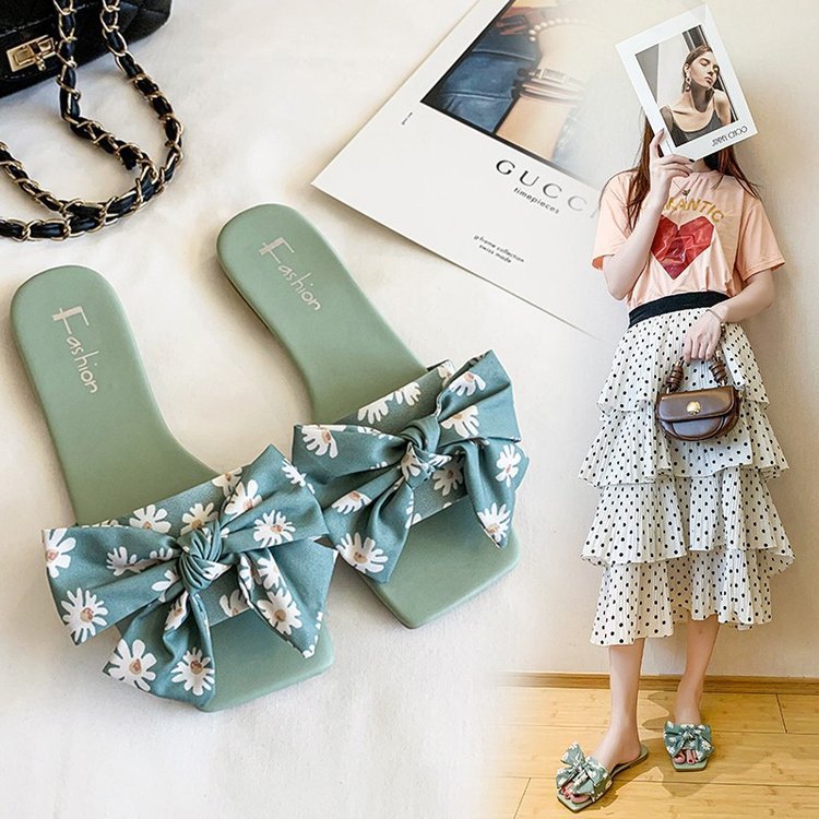 2020 summer new  casual cool slippers bow cute outer wear one-word shoes women's shoes