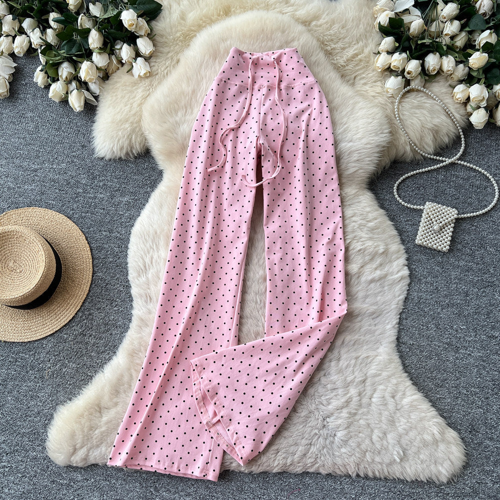 K-stylehigh waistcasualpolka doteasiest for matchstraight-leg pants for women summer lazy styleslimming lookelegantcasual pants