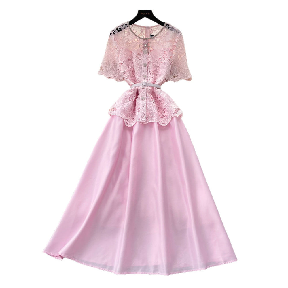 Elegant pink lace cutout patchwork satin a-line dress - slimming, chic, and perfect for summer workwear
