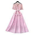 Elegant pink lace cutout patchwork satin a-line dress - slimming, chic, and perfect for summer workwear