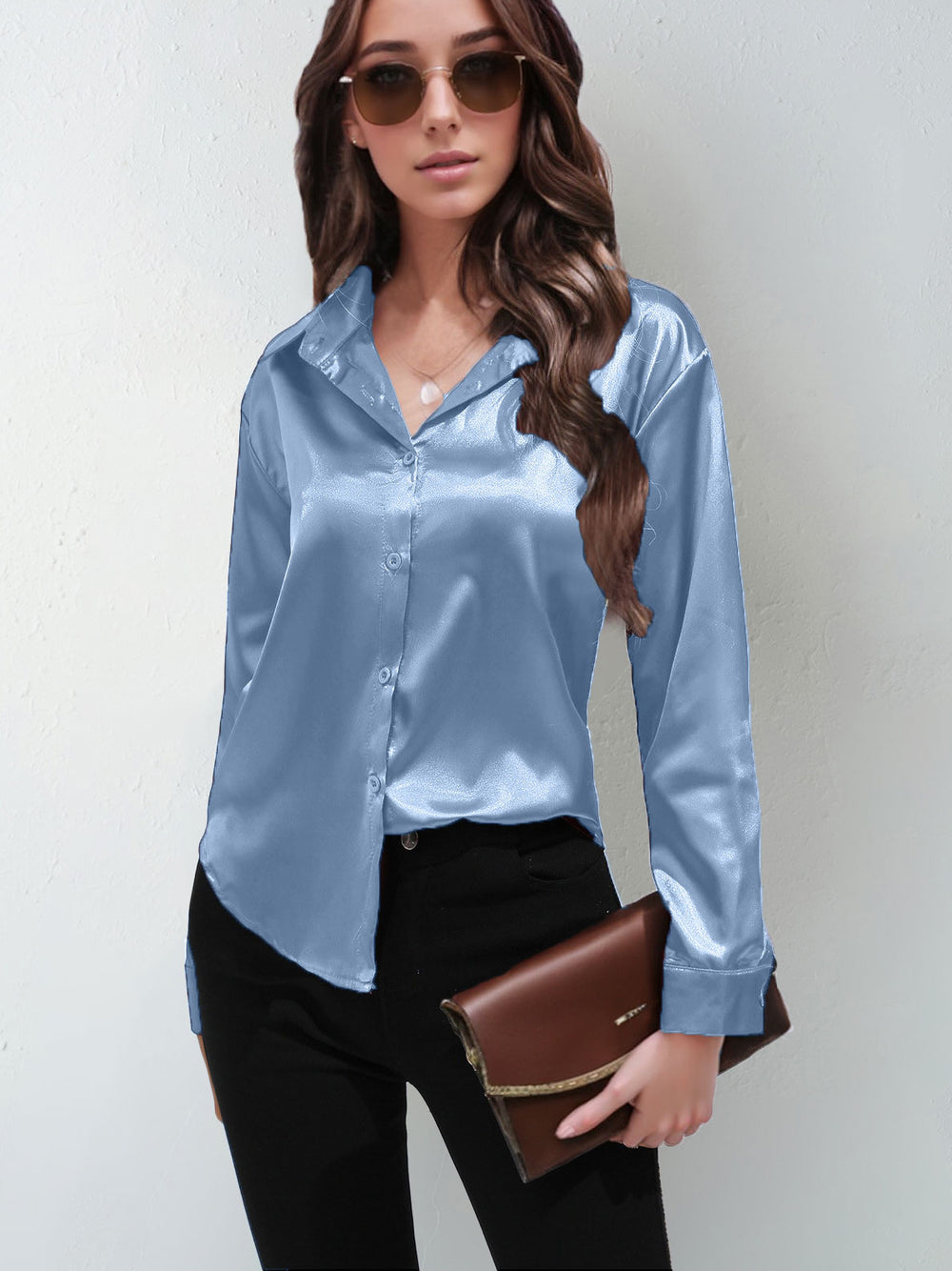 Satin shirt women's satinartificial silk long sleeves  best sellingpure colortopselegance button front lapel shirt
