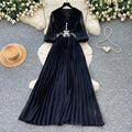 French chic red v-neck lantern sleeve dress - women's summer lightweight, breathable, slimming, elegant pleated maxi dress
