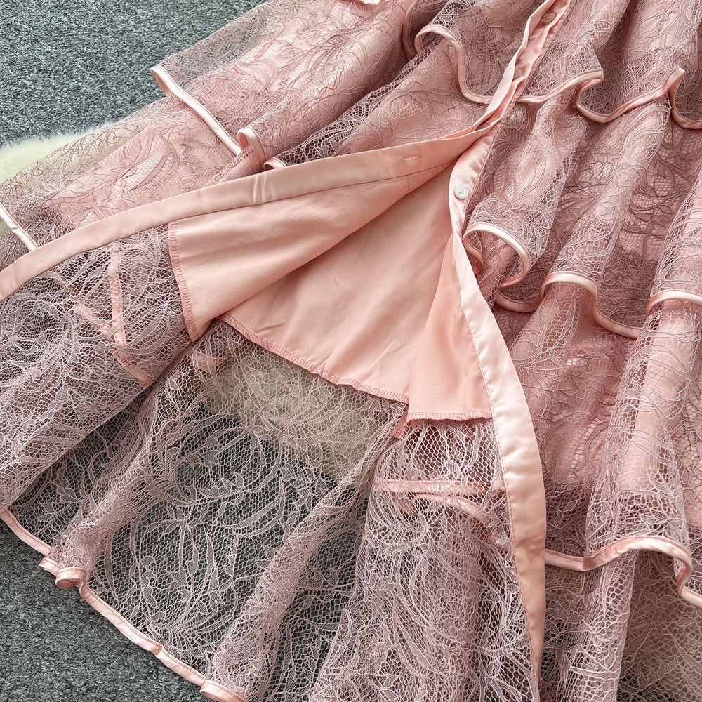 French chic luxury beaded floral tie-waist lantern sleeve single-breasted lace ruffle dress