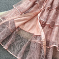 French chic luxury beaded floral tie-waist lantern sleeve single-breasted lace ruffle dress