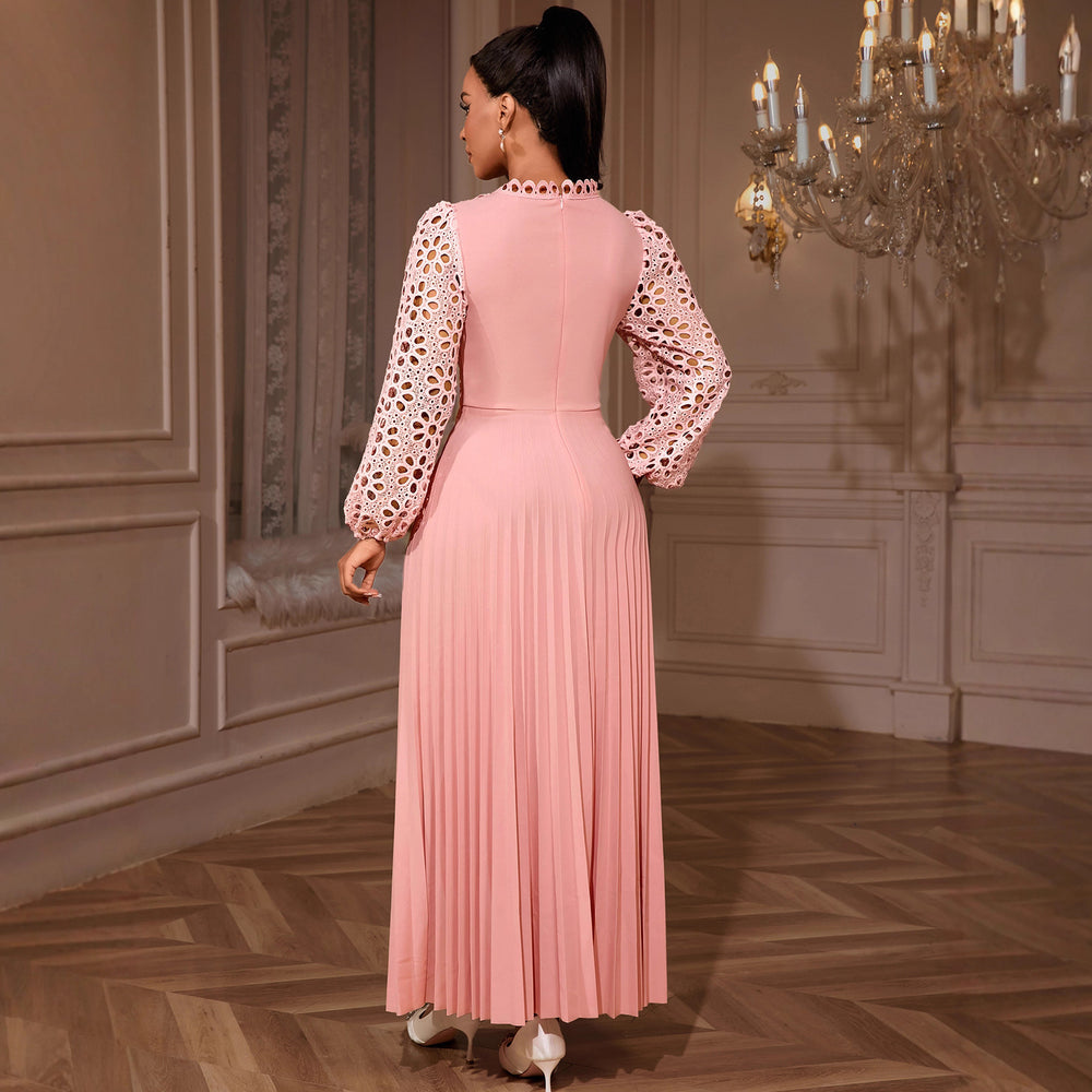 European and american elegant lace lantern sleeve dress - hollow out long sleeve, cinched waist, pleated a-line party maxi dress