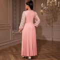 European and american elegant lace lantern sleeve dress - hollow out long sleeve, cinched waist, pleated a-line party maxi dress