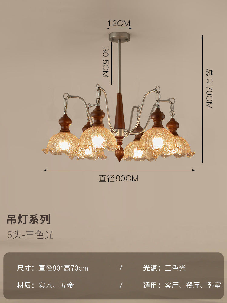 Walnut bedroom dining room light medieval living room Nanyang style French retro ice cracked glass multi-head chandelier