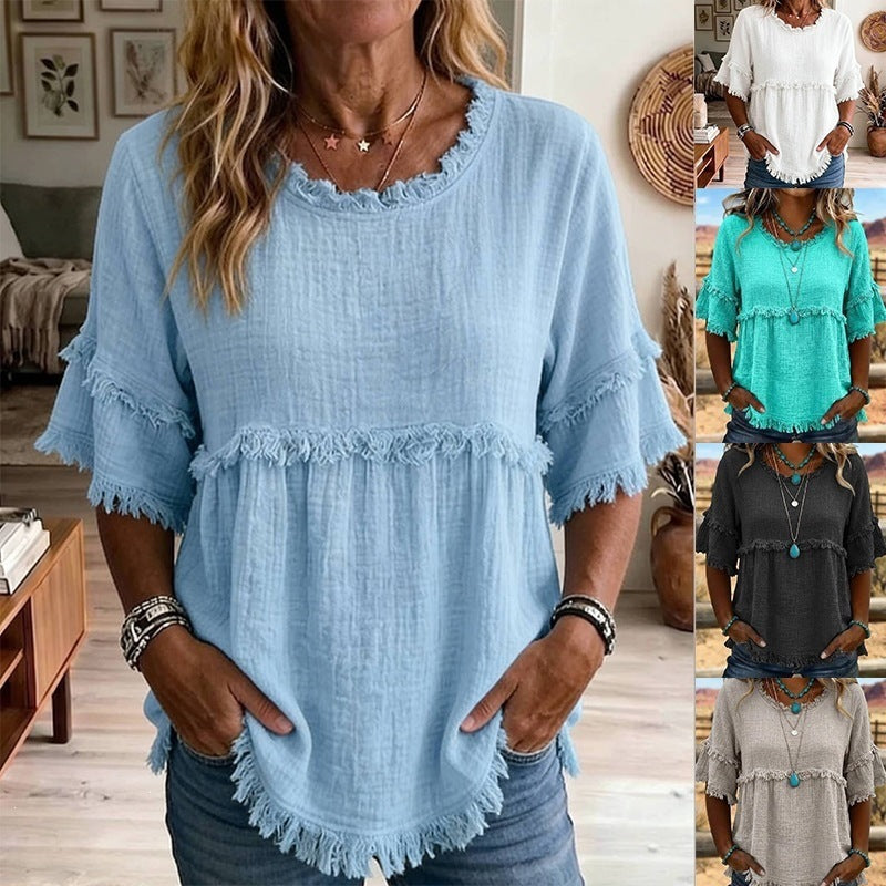 new  fashion cross-border round neck pullover short sleeve loose women's shirt casual women's top