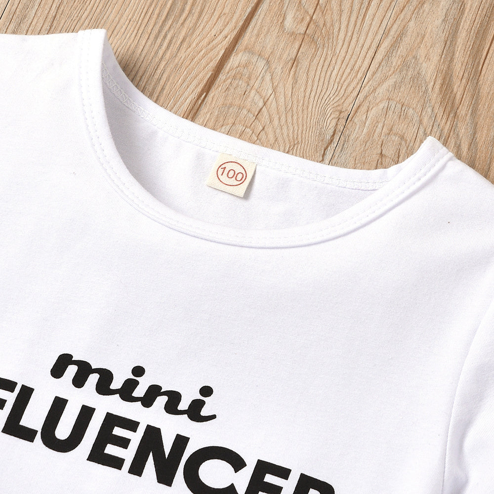European and american cross-border new arrival: kids' round neck short sleeve letter print t-shirt + button-down distressed denim jeans with belt set
