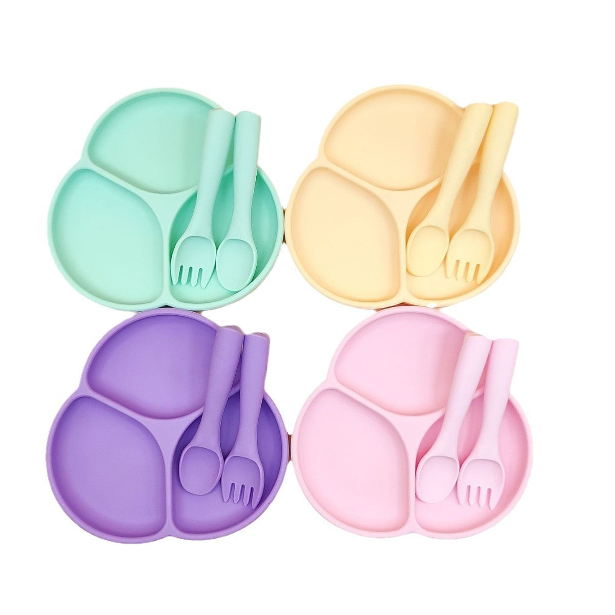 Food-grade silicone fork and spoon set, simple flower three-grid plate, non-slip silicone fork and spoon plate two-piece set
