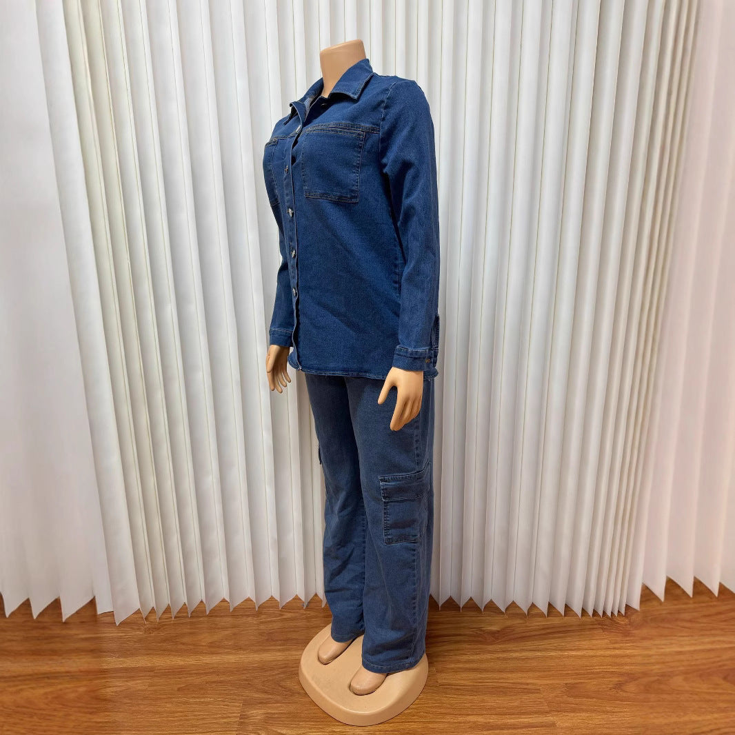 European and American new women's clothing loose lapel cardigan long-sleeved straight trousers multi-pocket denim suit