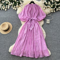 French yellow lace embroidery short sleeve dress women's summer high waist a-line dress commuter elegant long dress