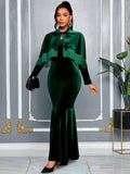 Amazon velvet tassel two-piece set bow tie shawl cinched waist mermaid evening gown dresses