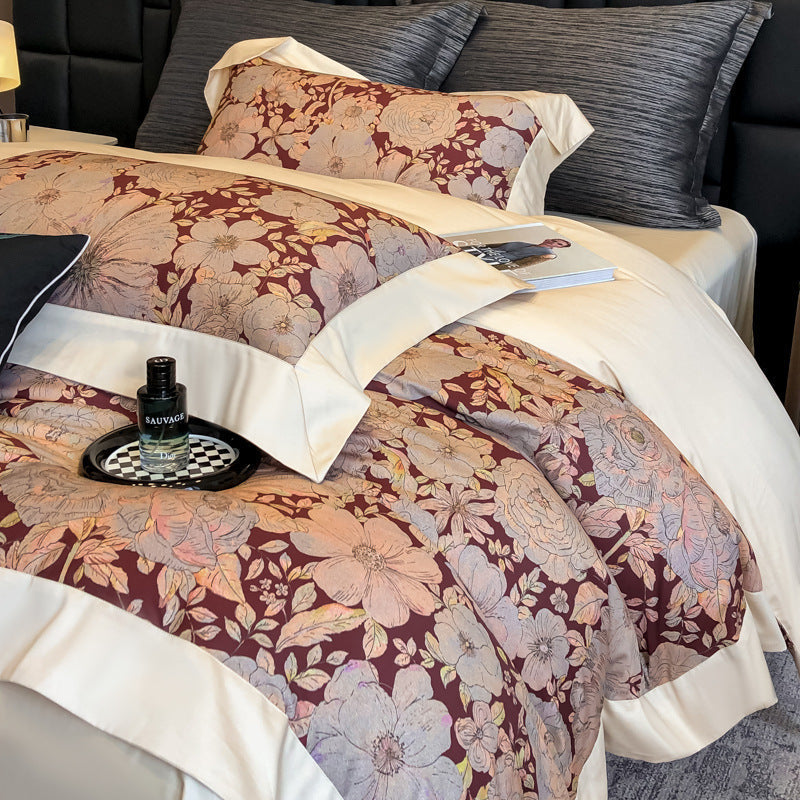 Spring and summer light luxury high-end 100s long-staple cotton printed bed four-piece set pure cotton wide-edge quilt cover cotton bed sheet 4