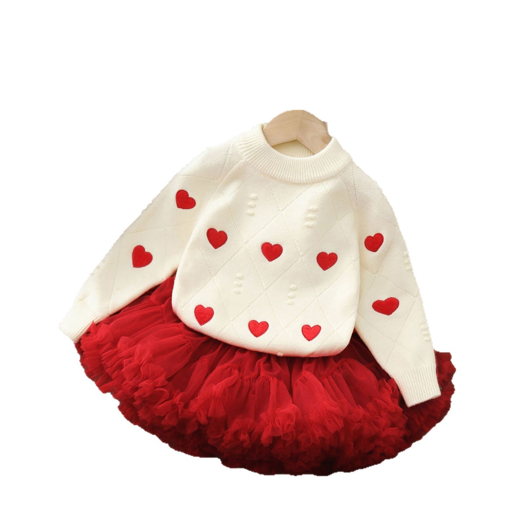 Girls' sweater new autumn and winter heart embroidery knit pullover top baby girl festive warm base layer set
