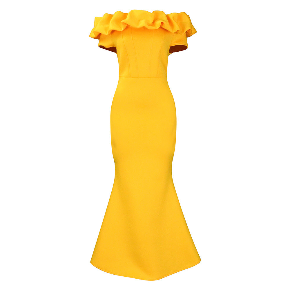 D3192 european and american cross-border women's fashion  new solid color mermaid dress with ruffle trim, slim-fit evening gown, african maxi dress