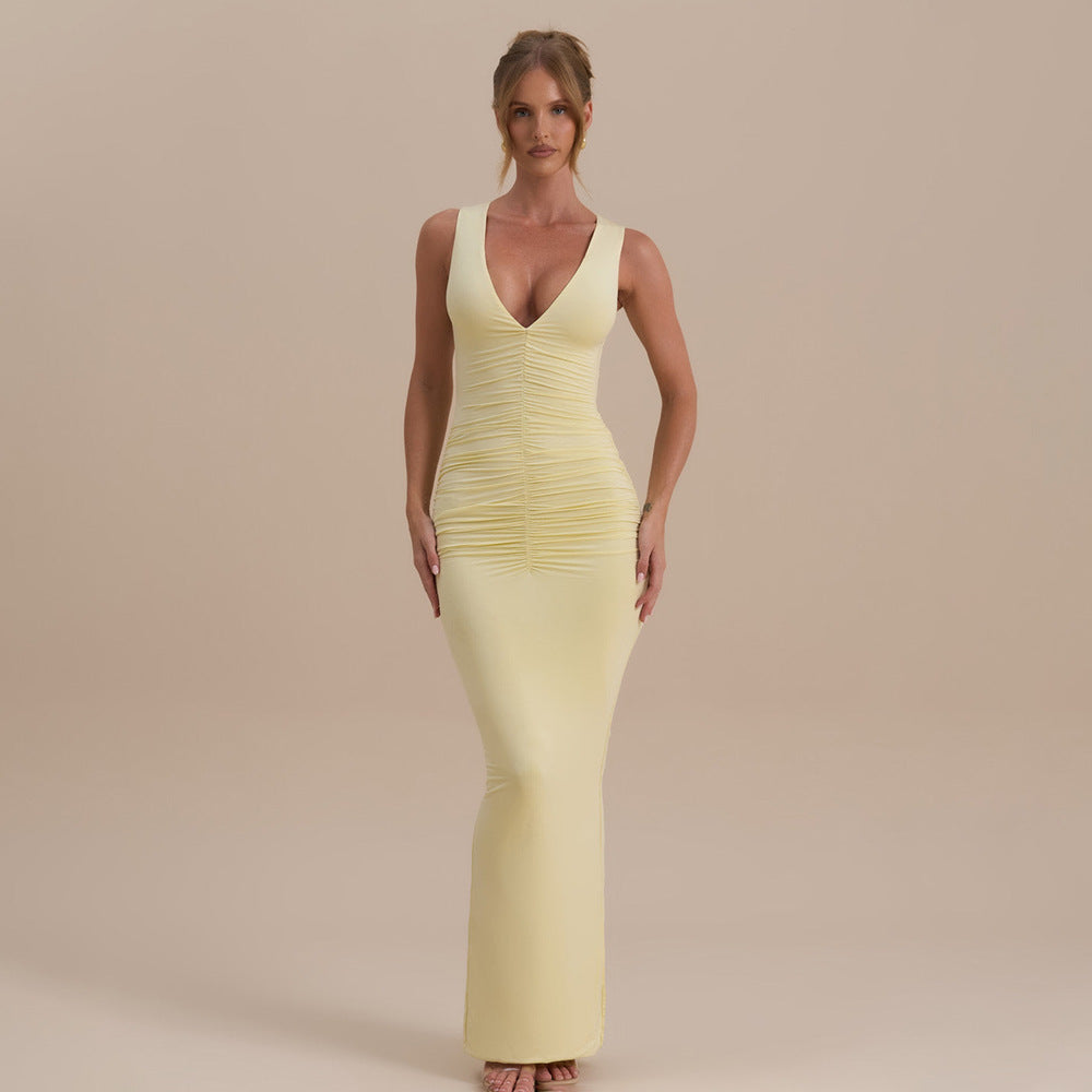 Amazon  summer new arrival: elegant sleeveless v-neck sexy bodycon ruched back slit dress for women
