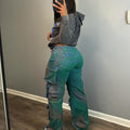 European and american cross-border women's fashion:  bestseller - trendy, unique, multi-pocket tie-dye denim jeans, high-waisted straight leg