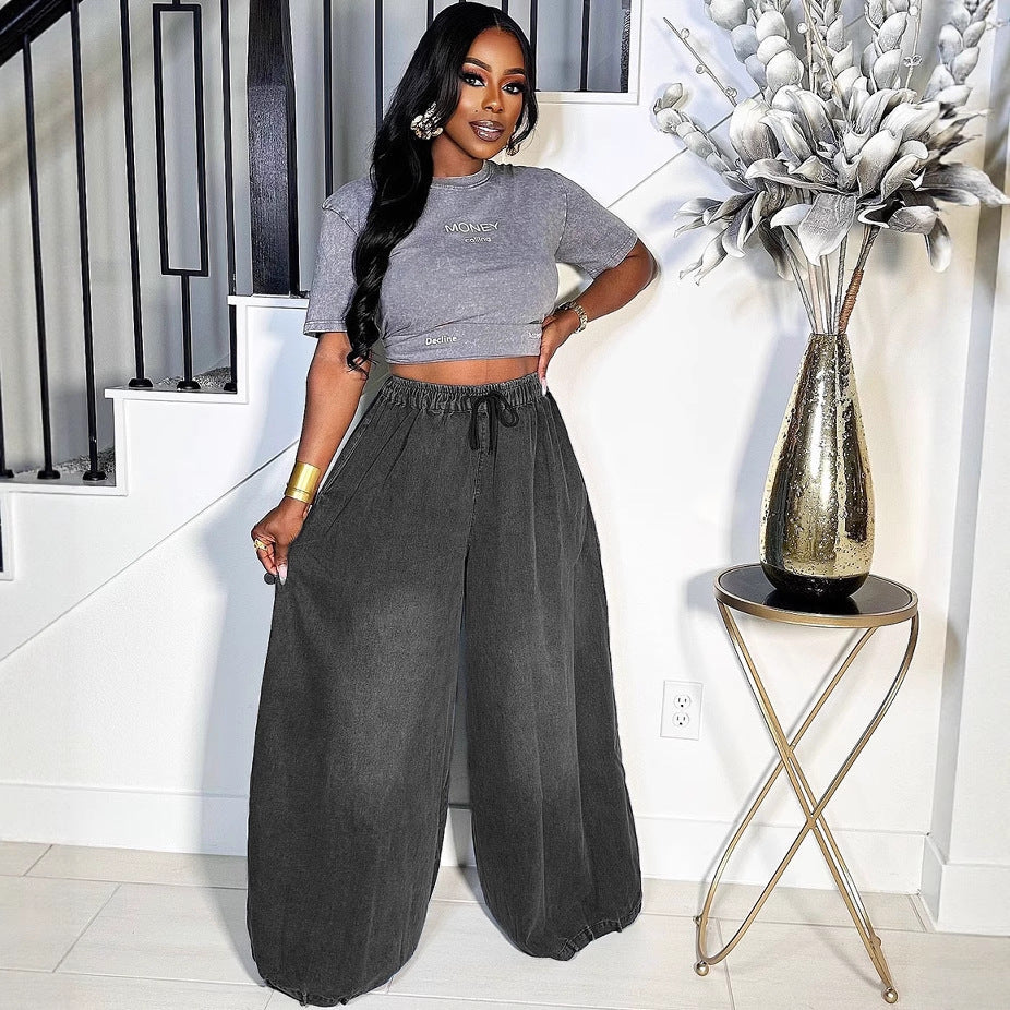 European and american style loose fit jeans - new women's casual streetwear wide leg pants with elastic waistband for  cross-border e-commerce