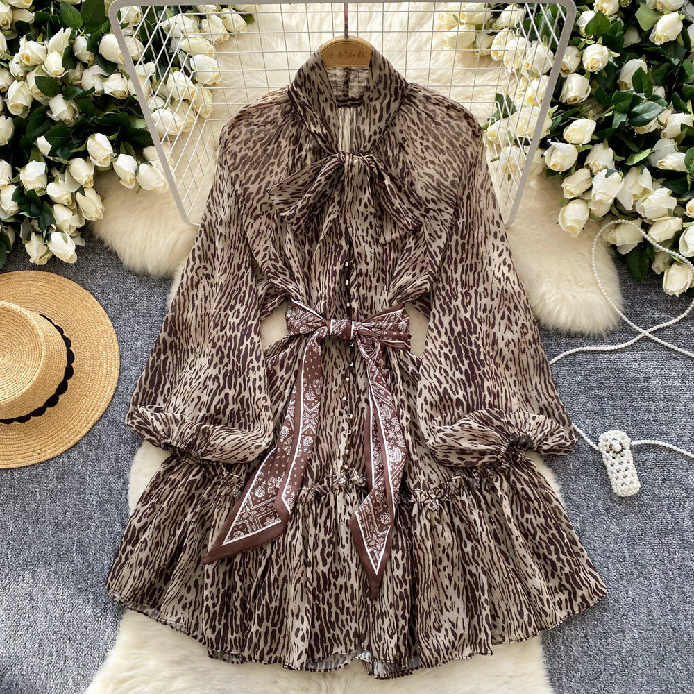 European and american style niche chic dress - women's fashionable silk scarf tie-waist lantern sleeve leopard print mesh a-line mini dress