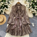 European and american style niche chic dress - women's fashionable silk scarf tie-waist lantern sleeve leopard print mesh a-line mini dress