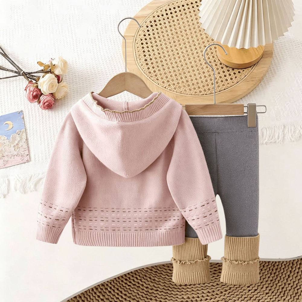 Girls' fall/winter new arrival: cute puppy jacquard hooded sweater jacket & loose pink knit two-piece set