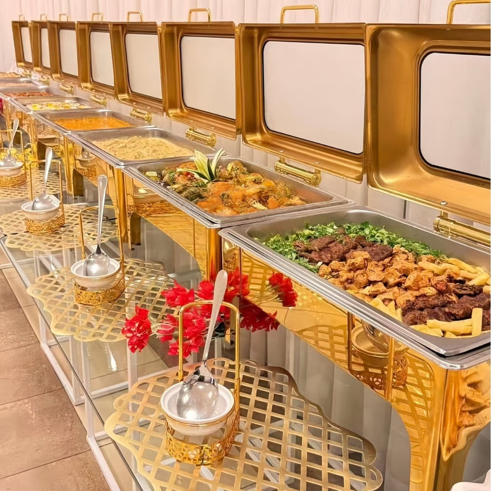 Golden stainless steel buffet warmer - 9l large capacity wedding & event food warmer - commercial grade, ready to ship for hotels & restaurants