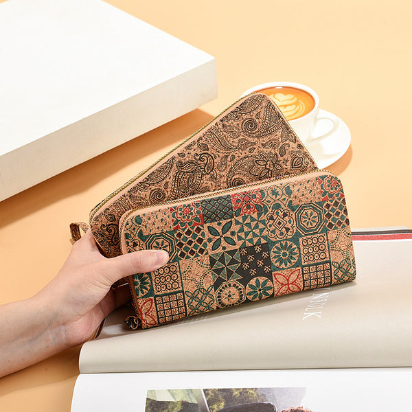 Factory direct sales cross-mirror PU cork grain wallet long ciphertext delivery zipper wallet mobile phone bag single zipper wallet