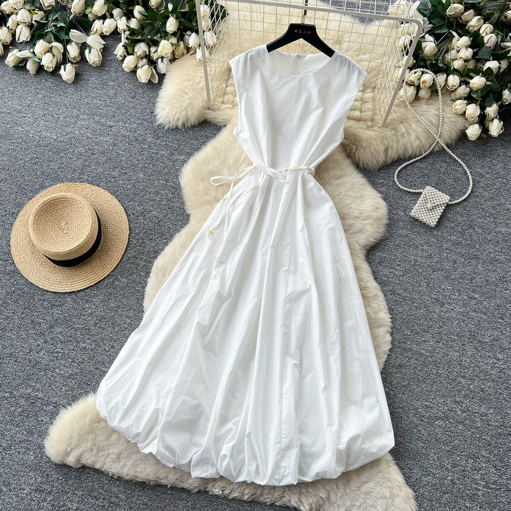 French sleeveless tie-up a-line tulip dress - women's summer high-waisted cinched waist tie detail flowy luxury work dress