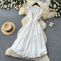 French sleeveless tie-up a-line tulip dress - women's summer high-waisted cinched waist tie detail flowy luxury work dress